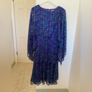 Vintage Patra Dress 80s Womens Size 8 Purple Floral Sheer Long Sleeve